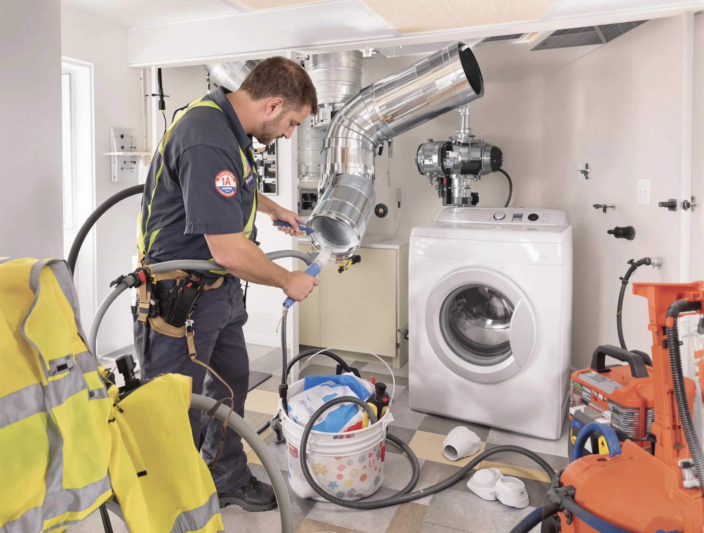 Boulder Dryer Vent Cleaning technician using specialized equipment to clear severe dryer vent blockage in Boulder